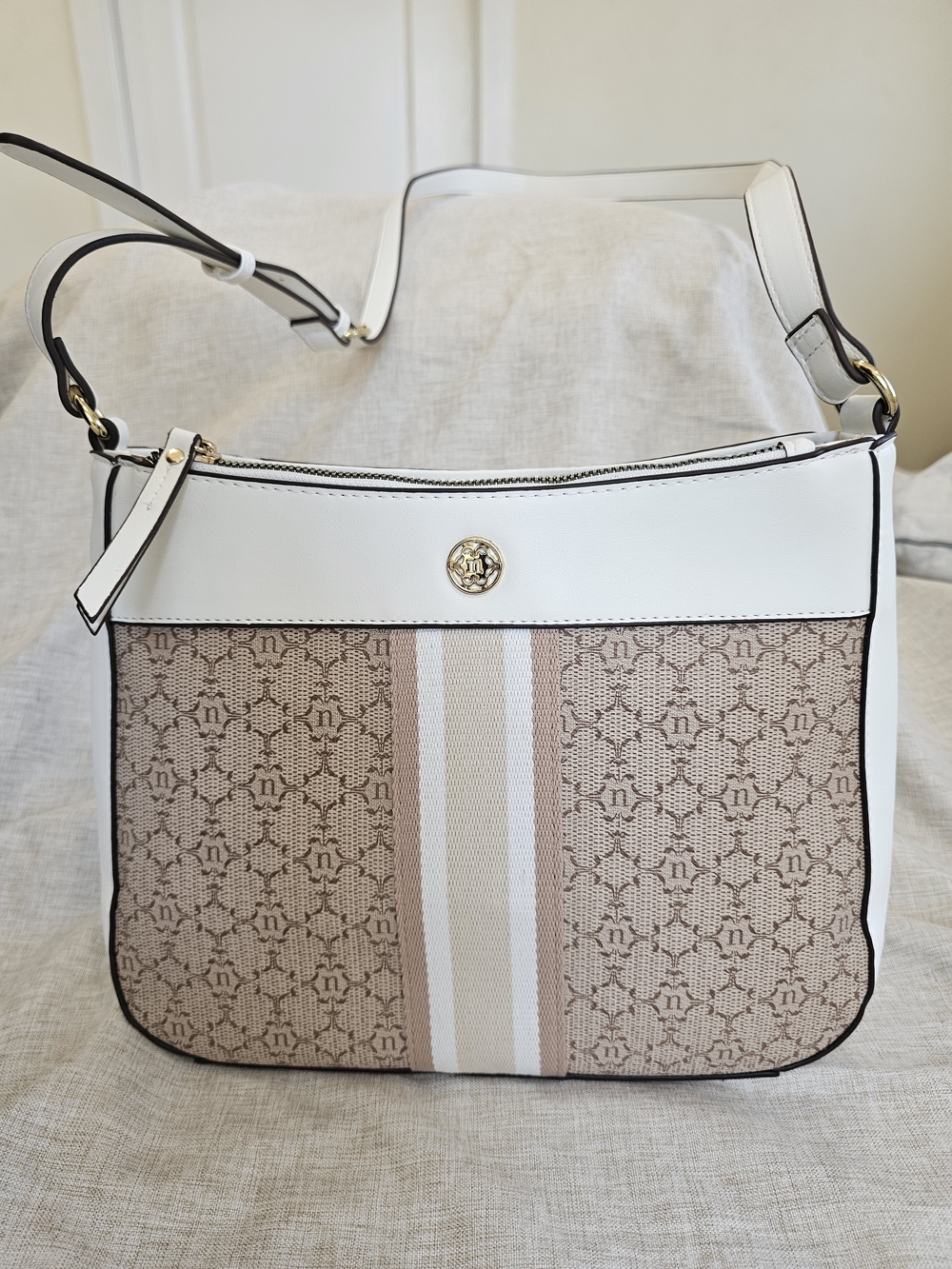 Nanette Lepore White Beige Logo Print Shoulder Bag NWOT